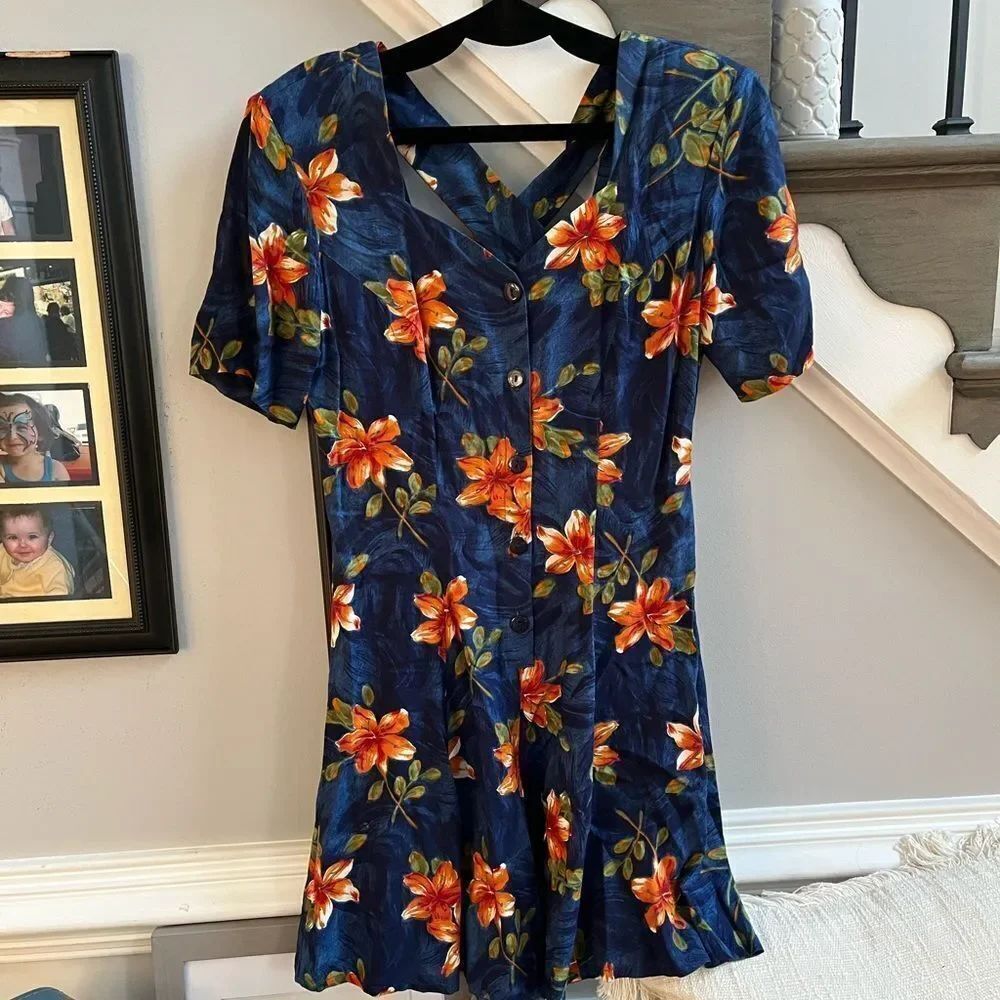 ICI Vintage Navy Tropical Cross Back Rayon Jumper sz S EUC